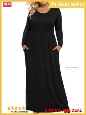 Plus Size Long Sleeve Maxi Dress with Pockets Rayon Spandex Casual A-Line